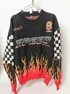 Black Sweater with Red and Orange Flame & Checkered Sleeves